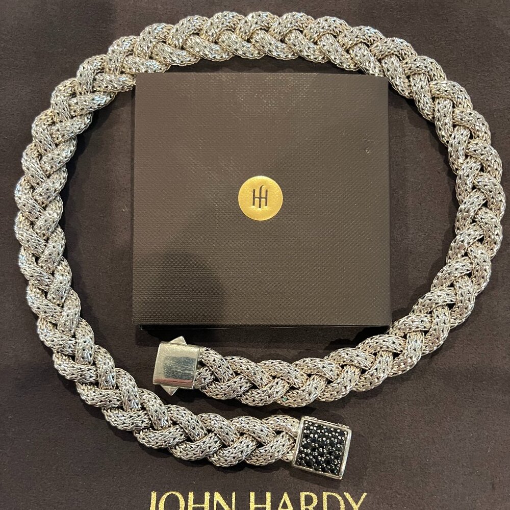 John Hardy silver braided necklace with black pave stones